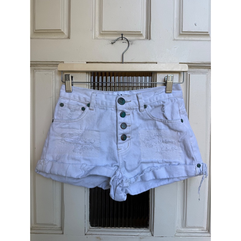 One Teaspoon Hawks White Distressed‎ High Rise Denim Shorts Button Fly Size 25